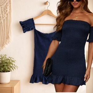 🛍️ DEE ELLY Navy Blue Smocked Off-the-Shoulder Ruffle Hem mini dress Size LARGE